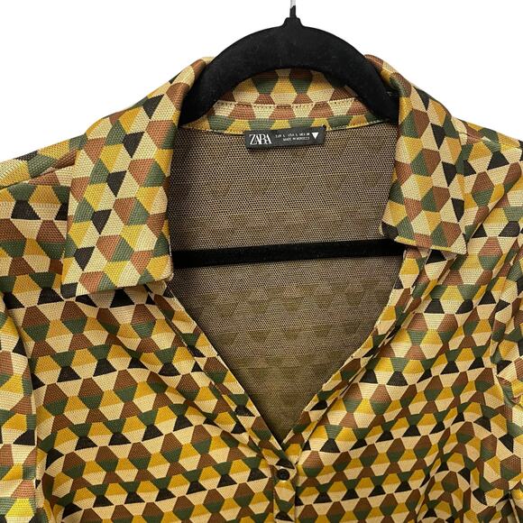 Zara Button Front Lowcut Collared Retro Geometric Print Knit Top Womens Large - Picture 3 of 6